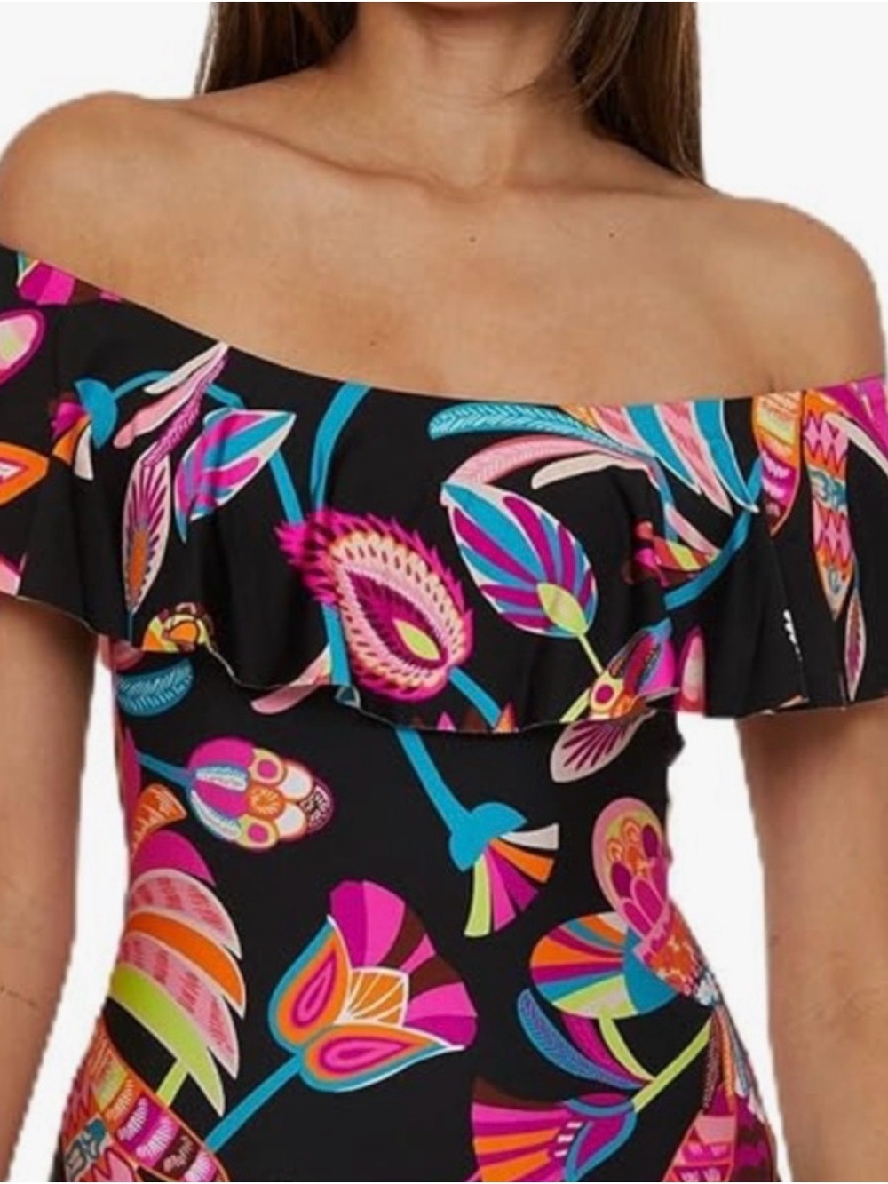 Trina Turk Black Off-Shoulder Floral One-Piece Tankini Top in Luminary.  (NWT)